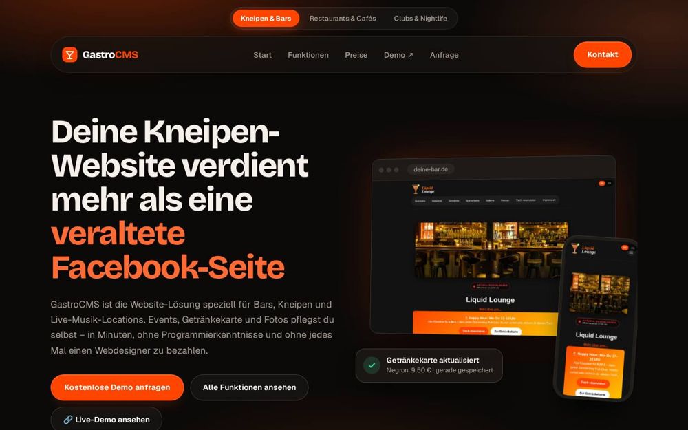 GastroCMS auf einer Bar-Webseite